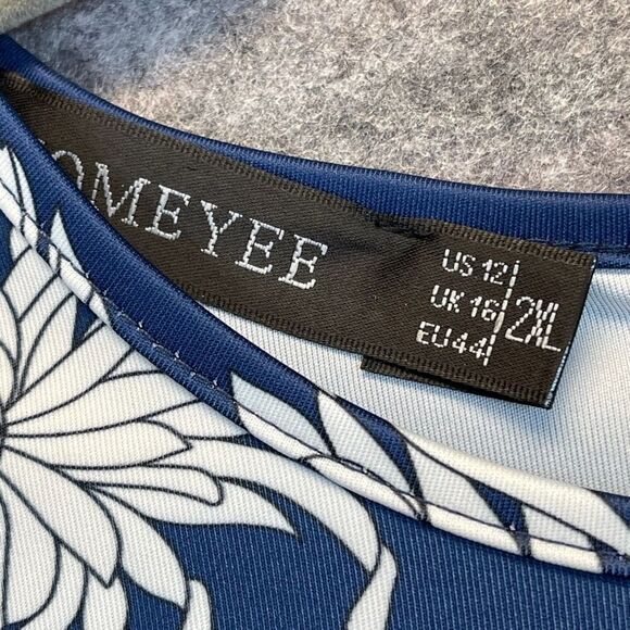 HOMEYEE Dress Size 2XL Blue White Floral Round Neck Midi A-Line Pleated Swing - Picture 4 of 16